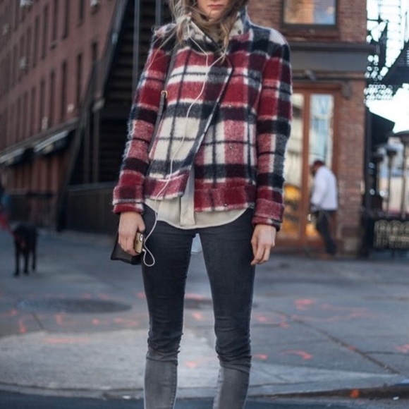 Express Wool Blend Red Plaid Belted Biker Jacket - Picture 8 of 10